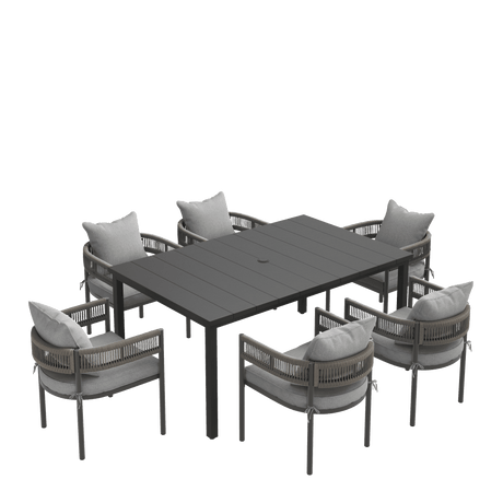 VICLLAX 7-Piece Weather-Resistant Outside Dining Furniture - 63" Rectangular Slat-Top Table with 6 Aria Low-back Outdoor Dining Armchair