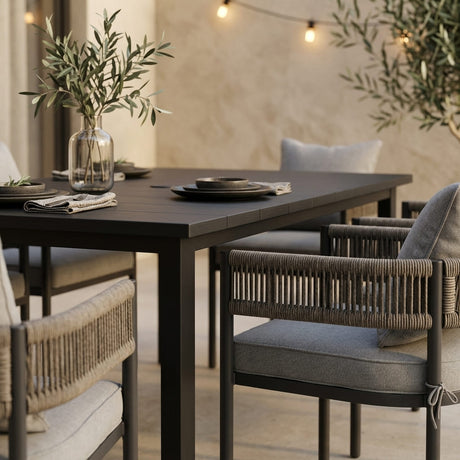 VICLLAX 7-Piece Weather-Resistant Outside Dining Furniture - 63" Rectangular Slat-Top Table with 6 Aria Low-back Outdoor Dining Armchair