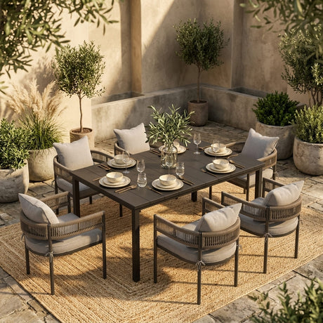 VICLLAX 7-Piece Weather-Resistant Outside Dining Furniture - 63" Rectangular Slat-Top Table with 6 Aria Low-back Outdoor Dining Armchair