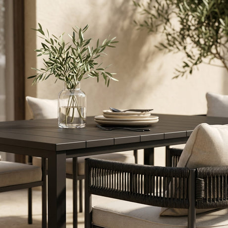 VICLLAX 7-Piece Weather-Resistant Outside Dining Furniture - 63" Rectangular Slat-Top Table with 6 Aria Low-back Outdoor Dining Armchair