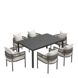 VICLLAX 7-Piece Weather-Resistant Outside Dining Furniture - 63" Rectangular Slat-Top Table with 6 Aria Low-back Outdoor Dining Armchair