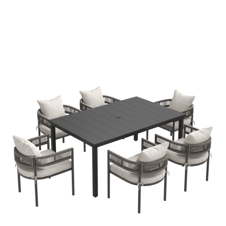 VICLLAX 7-Piece Weather-Resistant Outside Dining Furniture - 63" Rectangular Slat-Top Table with 6 Aria Low-back Outdoor Dining Armchair