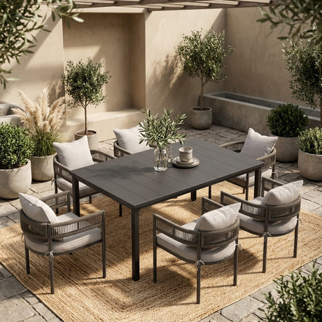 VICLLAX 7-Piece Weather-Resistant Outside Dining Furniture - 63" Rectangular Slat-Top Table with 6 Aria Low-back Outdoor Dining Armchair
