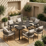 VICLLAX 7-Piece Weather-Resistant Outside Dining Furniture - 63" Rectangular Slat-Top Table with 6 Aria Low-back Outdoor Dining Armchair