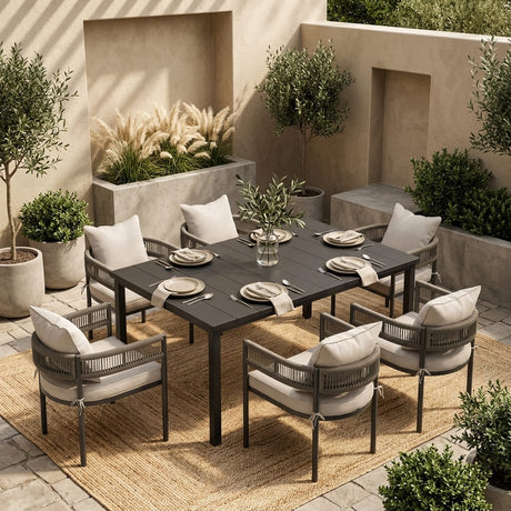 VICLLAX 7-Piece Weather-Resistant Outside Dining Furniture - 63" Rectangular Slat-Top Table with 6 Aria Low-back Outdoor Dining Armchair