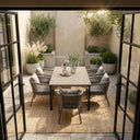 Vicllax 7-Piece Outside Dining Furniture - 63" Rectangular Slat-Top Table with Aria Modern Woven Rope Armchair