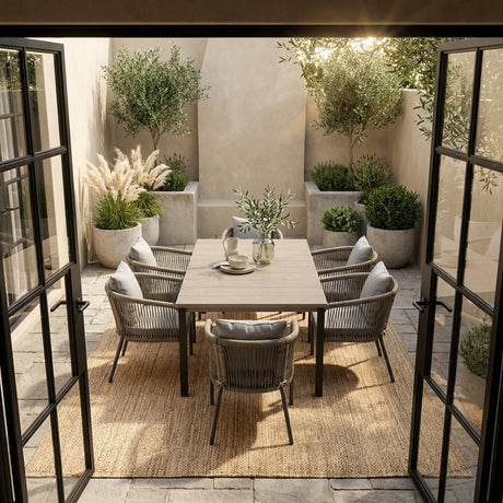 Vicllax 7-Piece Outside Dining Furniture - 63" Rectangular Slat-Top Table with Aria Modern Woven Rope Armchair