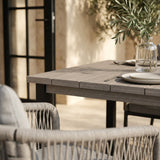 Vicllax 7-Piece Outside Dining Furniture - 63" Rectangular Slat-Top Table with Aria Modern Woven Rope Armchair