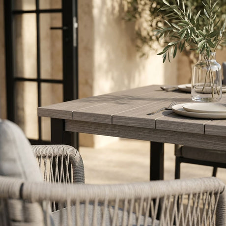 Vicllax 7-Piece Outside Dining Furniture - 63" Rectangular Slat-Top Table with Aria Modern Woven Rope Armchair