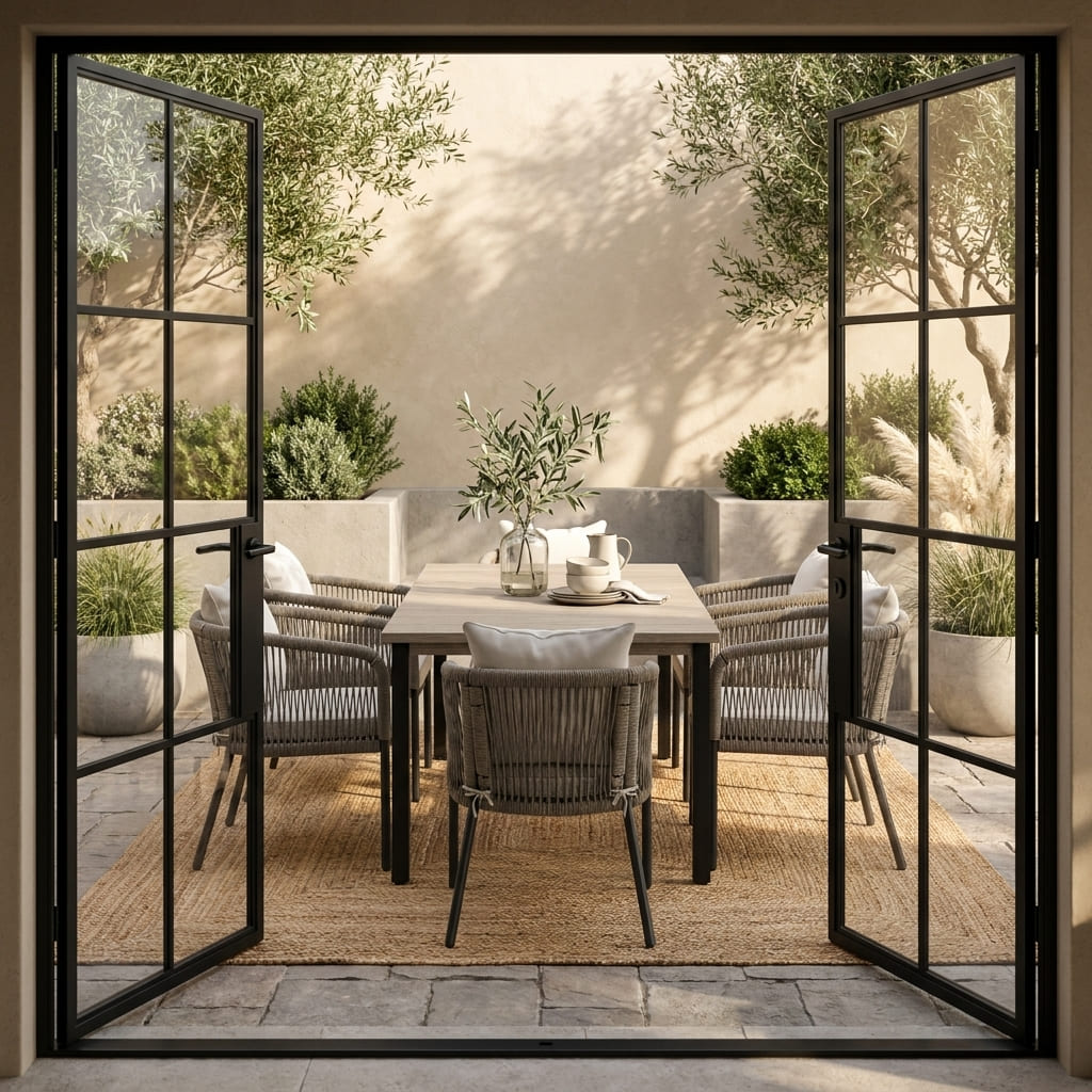 Vicllax 7-Piece Outside Dining Furniture - 63" Rectangular Slat-Top Table with Aria Modern Woven Rope Armchair