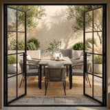 Vicllax 7-Piece Outside Dining Furniture - 63" Rectangular Slat-Top Table with Aria Modern Woven Rope Armchair