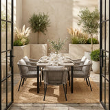 Vicllax 7-Piece Outside Dining Furniture - 63" Rectangular Slat-Top Table with Aria Modern Woven Rope Armchair