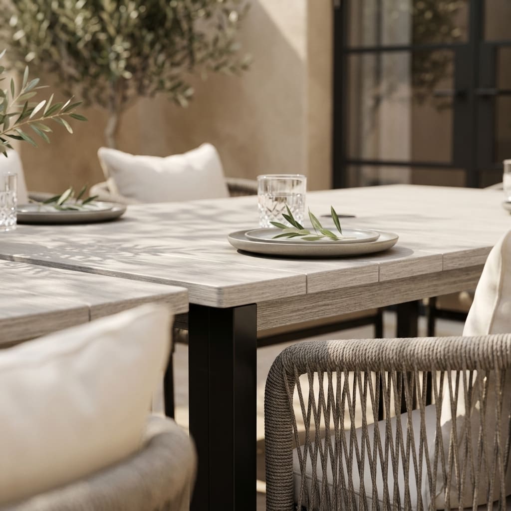 Vicllax 7-Piece Outside Dining Furniture - 63" Rectangular Slat-Top Table with Aria Modern Woven Rope Armchair
