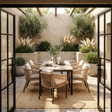 Vicllax 7-Piece Outside Dining Furniture - 63" Rectangular Slat-Top Table with Aria Modern Woven Rope Armchair