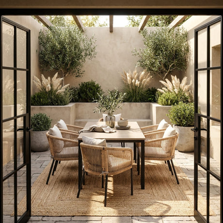 Vicllax 7-Piece Outside Dining Furniture - 63" Rectangular Slat-Top Table with Aria Modern Woven Rope Armchair