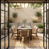 Vicllax 7-Piece Outside Dining Furniture - 63" Rectangular Slat-Top Table with Aria Modern Woven Rope Armchair