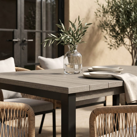 Vicllax 7-Piece Outside Dining Furniture - 63" Rectangular Slat-Top Table with Aria Modern Woven Rope Armchair