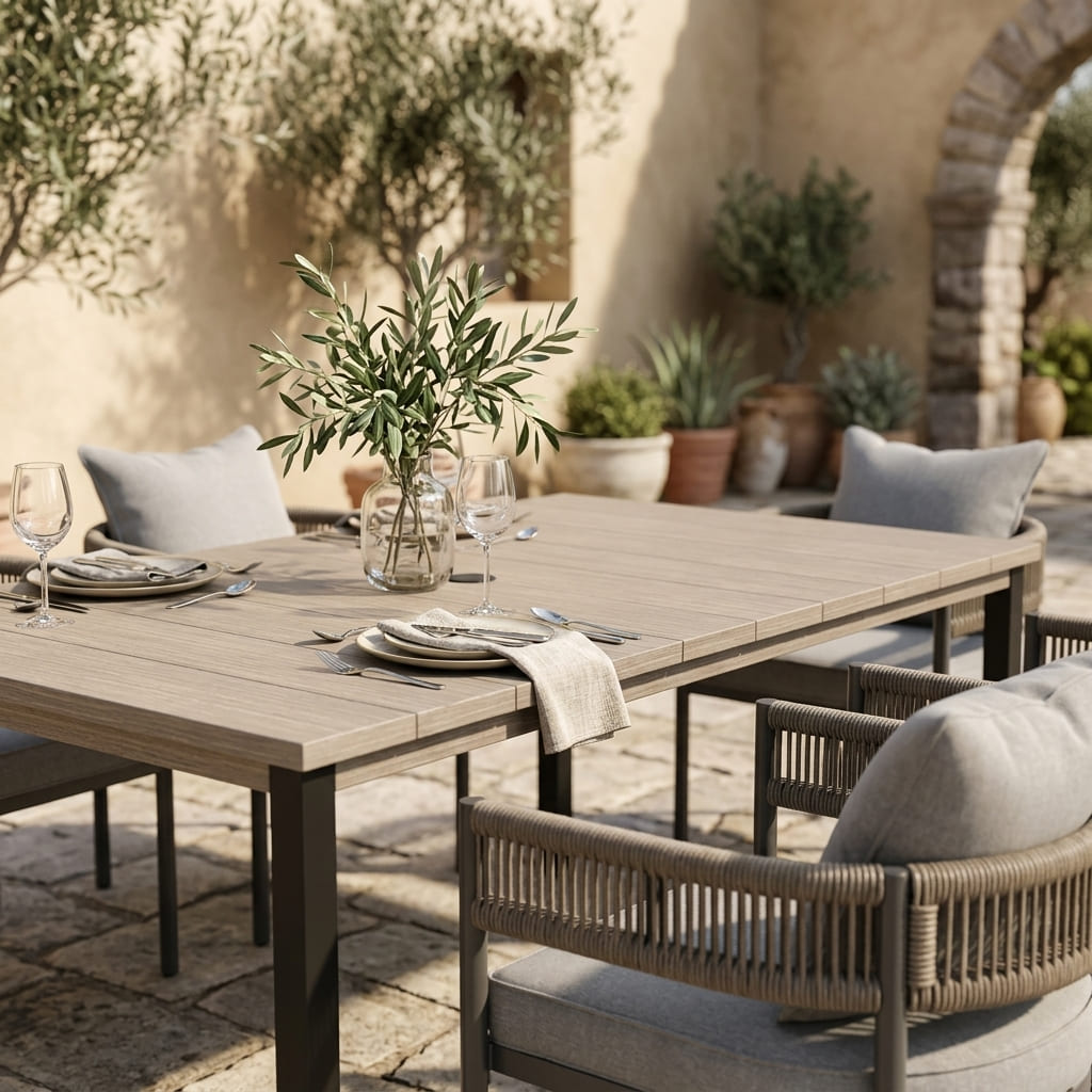 VICLLAX 7-Piece Weather-Resistant Outside Dining Furniture - 63" Rectangular Slat-Top Table with 6 Aria Low-back Outdoor Dining Armchair