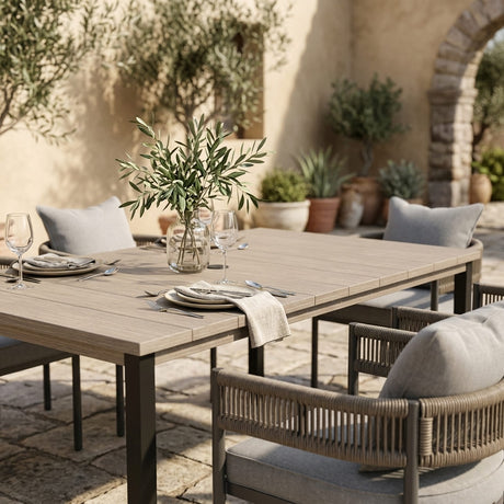 VICLLAX 7-Piece Weather-Resistant Outside Dining Furniture - 63" Rectangular Slat-Top Table with 6 Aria Low-back Outdoor Dining Armchair