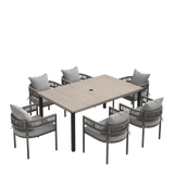 VICLLAX 7-Piece Weather-Resistant Outside Dining Furniture - 63" Rectangular Slat-Top Table with 6 Aria Low-back Outdoor Dining Armchair
