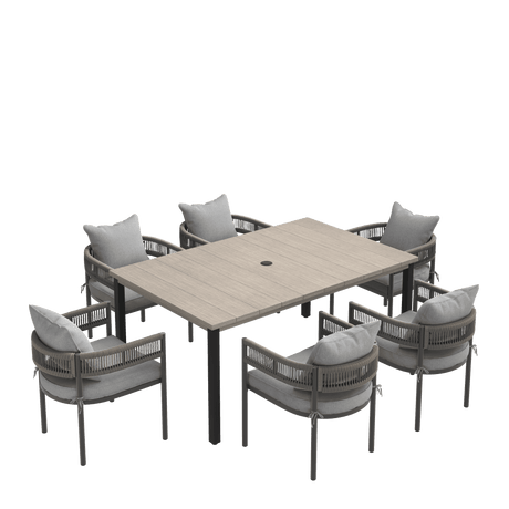 VICLLAX 7-Piece Weather-Resistant Outside Dining Furniture - 63" Rectangular Slat-Top Table with 6 Aria Low-back Outdoor Dining Armchair