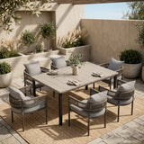 VICLLAX 7-Piece Weather-Resistant Outside Dining Furniture - 63" Rectangular Slat-Top Table with 6 Aria Low-back Outdoor Dining Armchair
