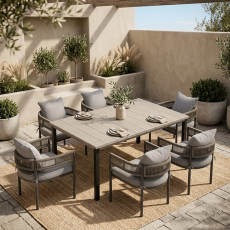 VICLLAX 7-Piece Weather-Resistant Outside Dining Furniture - 63" Rectangular Slat-Top Table with 6 Aria Low-back Outdoor Dining Armchair