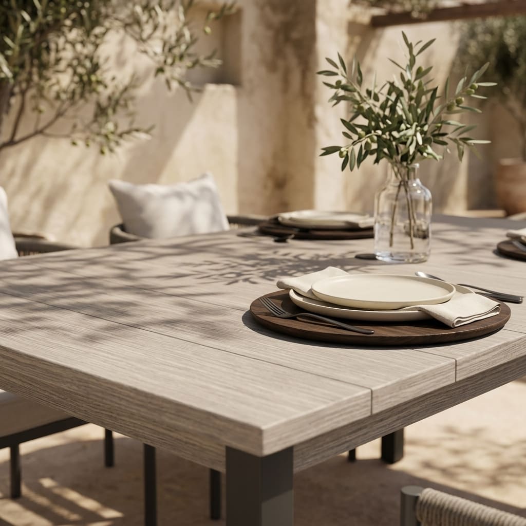 VICLLAX 7-Piece Weather-Resistant Outside Dining Furniture - 63" Rectangular Slat-Top Table with 6 Aria Low-back Outdoor Dining Armchair