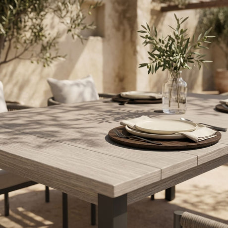 VICLLAX 7-Piece Weather-Resistant Outside Dining Furniture - 63" Rectangular Slat-Top Table with 6 Aria Low-back Outdoor Dining Armchair