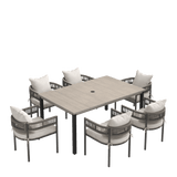 VICLLAX 7-Piece Weather-Resistant Outside Dining Furniture - 63" Rectangular Slat-Top Table with 6 Aria Low-back Outdoor Dining Armchair