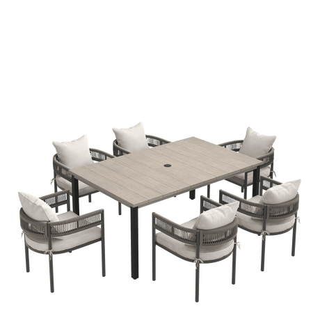 VICLLAX 7-Piece Weather-Resistant Outside Dining Furniture - 63" Rectangular Slat-Top Table with 6 Aria Low-back Outdoor Dining Armchair