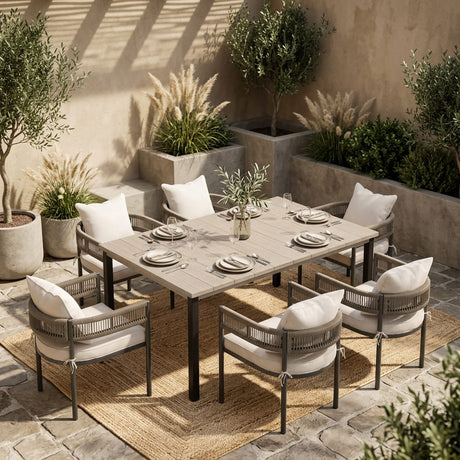 VICLLAX 7-Piece Weather-Resistant Outside Dining Furniture - 63" Rectangular Slat-Top Table with 6 Aria Low-back Outdoor Dining Armchair