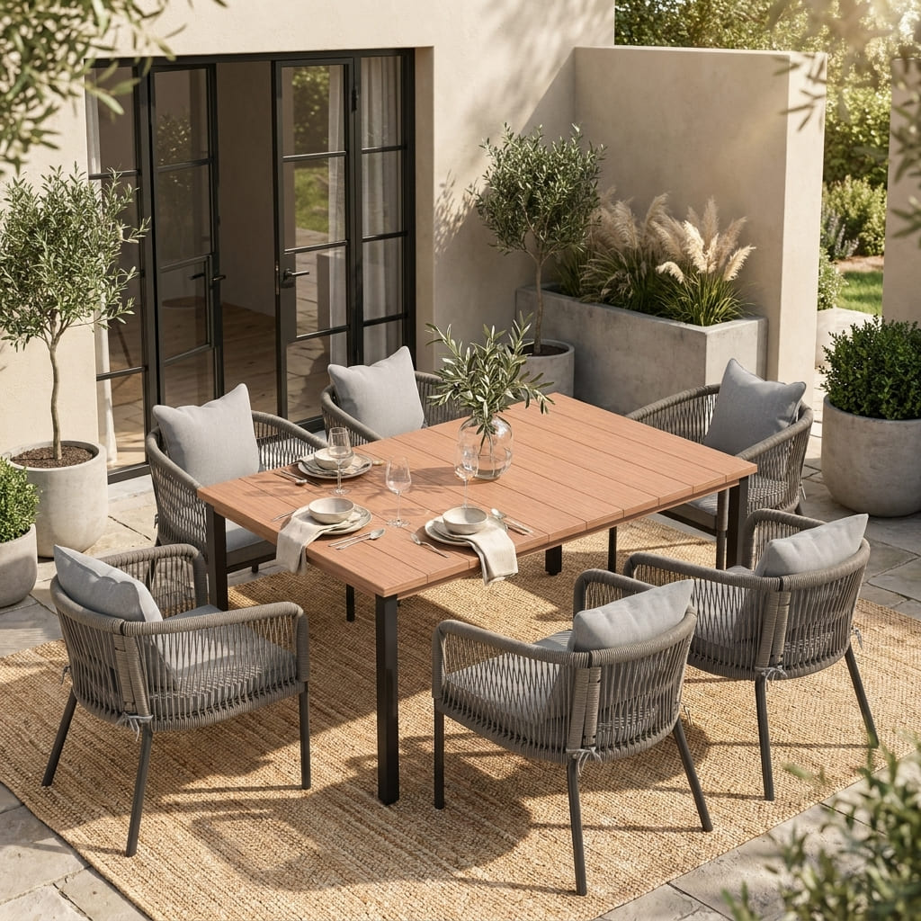 Vicllax 7-Piece Outside Dining Furniture - 63" Rectangular Slat-Top Table with Aria Modern Woven Rope Armchair