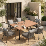 Vicllax 7-Piece Outside Dining Furniture - 63" Rectangular Slat-Top Table with Aria Modern Woven Rope Armchair