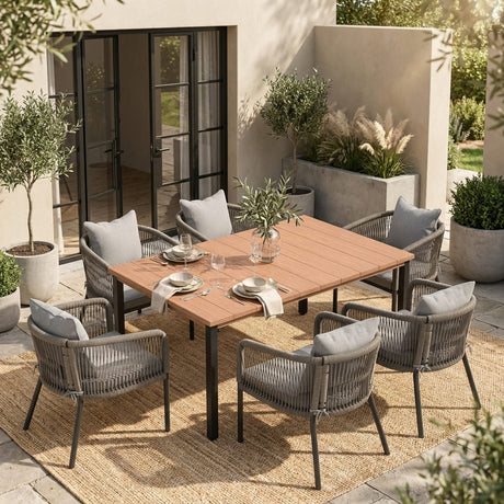 Vicllax 7-Piece Outside Dining Furniture - 63" Rectangular Slat-Top Table with Aria Modern Woven Rope Armchair