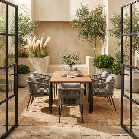Vicllax 7-Piece Outside Dining Furniture - 63" Rectangular Slat-Top Table with Aria Modern Woven Rope Armchair