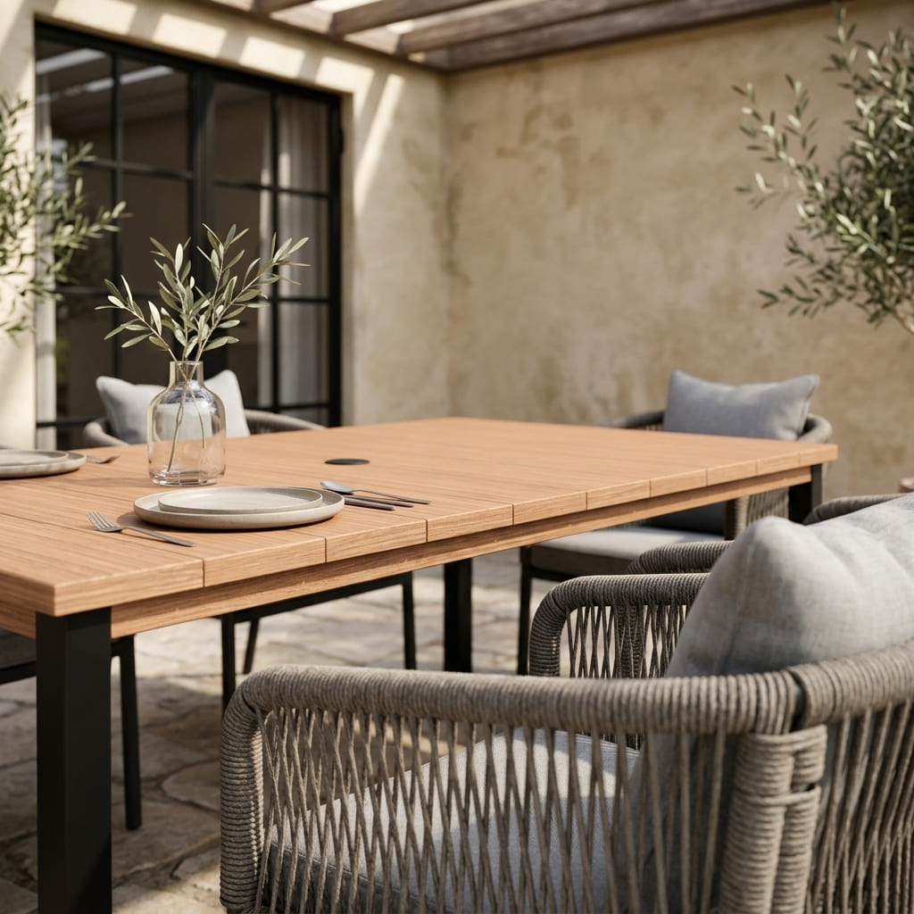 Vicllax 7-Piece Outside Dining Furniture - 63" Rectangular Slat-Top Table with Aria Modern Woven Rope Armchair