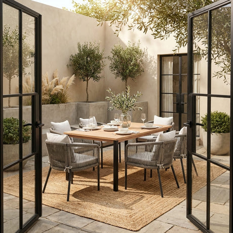 Vicllax 7-Piece Outside Dining Furniture - 63" Rectangular Slat-Top Table with Aria Modern Woven Rope Armchair