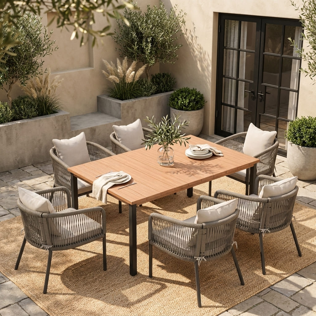 Vicllax 7-Piece Outside Dining Furniture - 63" Rectangular Slat-Top Table with Aria Modern Woven Rope Armchair