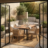 Vicllax 7-Piece Outside Dining Furniture - 63" Rectangular Slat-Top Table with Aria Modern Woven Rope Armchair