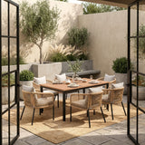 Vicllax 7-Piece Outside Dining Furniture - 63" Rectangular Slat-Top Table with Aria Modern Woven Rope Armchair