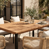 Vicllax 7-Piece Outside Dining Furniture - 63" Rectangular Slat-Top Table with Aria Modern Woven Rope Armchair