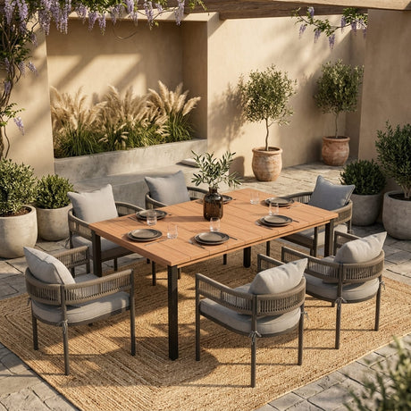 VICLLAX 7-Piece Weather-Resistant Outside Dining Furniture - 63" Rectangular Slat-Top Table with 6 Aria Low-back Outdoor Dining Armchair