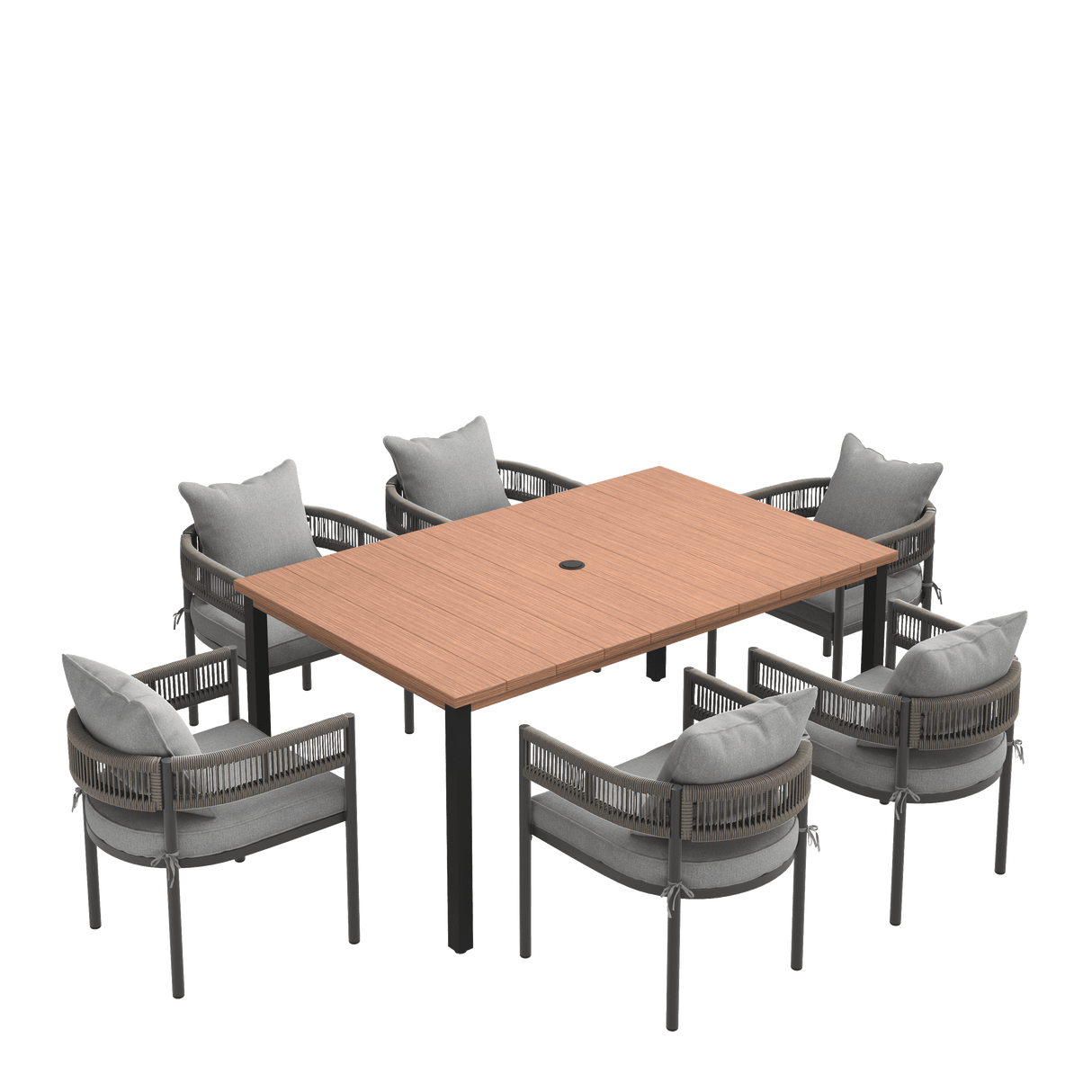 VICLLAX 7-Piece Weather-Resistant Outside Dining Furniture - 63" Rectangular Slat-Top Table with 6 Aria Low-back Outdoor Dining Armchair