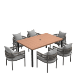 VICLLAX 7-Piece Weather-Resistant Outside Dining Furniture - 63" Rectangular Slat-Top Table with 6 Aria Low-back Outdoor Dining Armchair