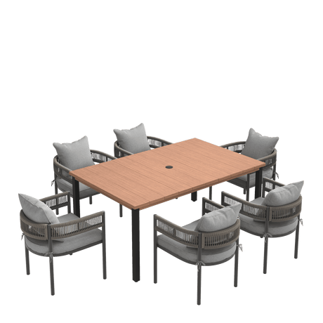 VICLLAX 7-Piece Weather-Resistant Outside Dining Furniture - 63" Rectangular Slat-Top Table with 6 Aria Low-back Outdoor Dining Armchair