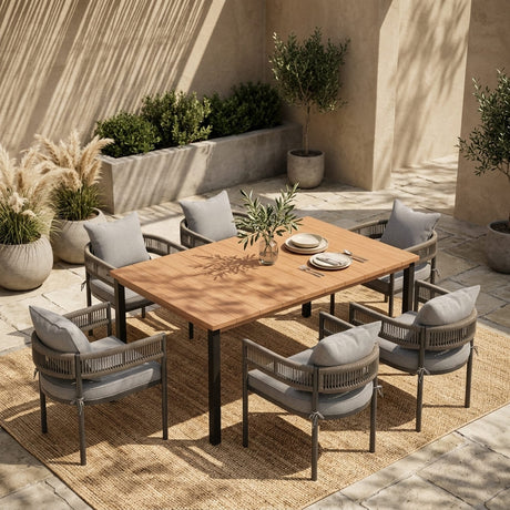 VICLLAX 7-Piece Weather-Resistant Outside Dining Furniture - 63" Rectangular Slat-Top Table with 6 Aria Low-back Outdoor Dining Armchair
