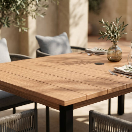 VICLLAX 7-Piece Weather-Resistant Outside Dining Furniture - 63" Rectangular Slat-Top Table with 6 Aria Low-back Outdoor Dining Armchair