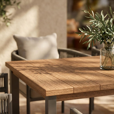 VICLLAX 7-Piece Weather-Resistant Outside Dining Furniture - 63" Rectangular Slat-Top Table with 6 Aria Low-back Outdoor Dining Armchair