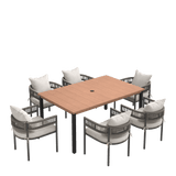 VICLLAX 7-Piece Weather-Resistant Outside Dining Furniture - 63" Rectangular Slat-Top Table with 6 Aria Low-back Outdoor Dining Armchair